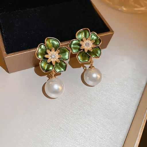 Emerald Blossom Elegance - Korean Green Flower Pearl Drop Earrings
