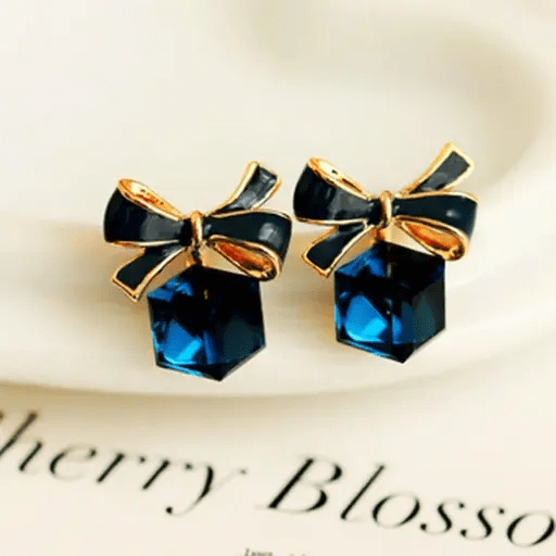 Midnight Elegance - Black Bow Blue Square Korean Earrings