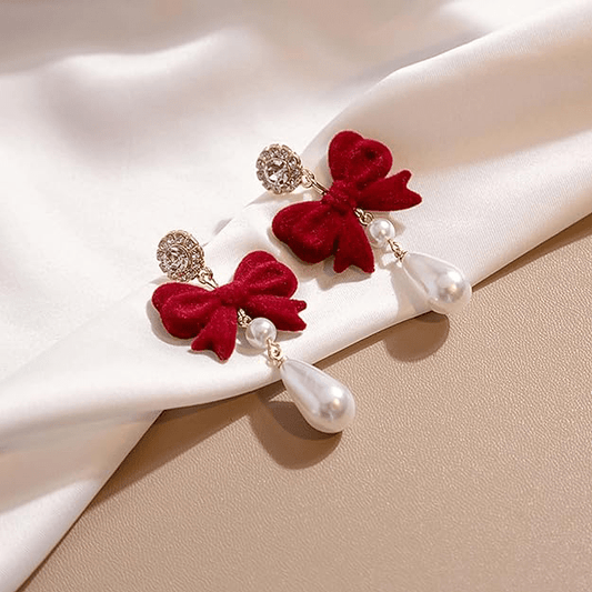 Ruby Bow Elegance - Korean Long Pearl Drop Earrings